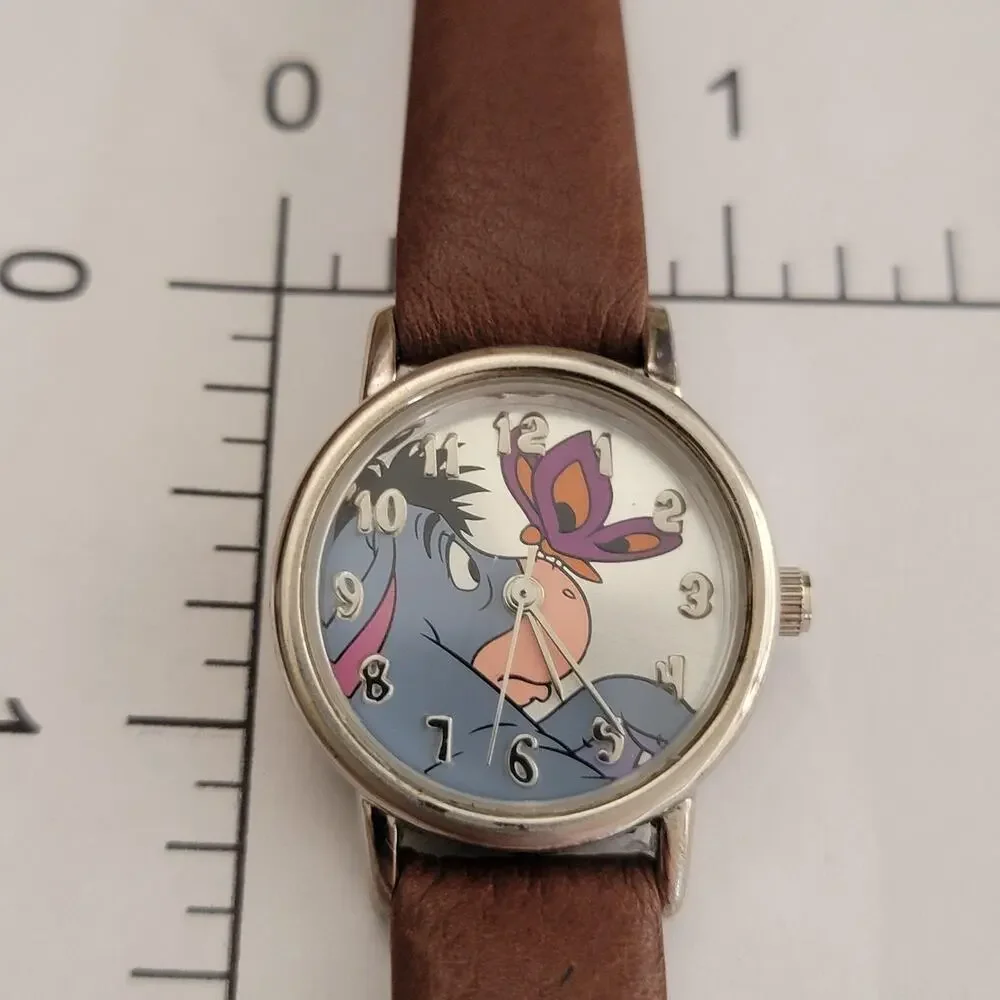 Vintage Girls Watch Eeyore Multicolor Dial 25mm Silver Case Brown Leather Quartz